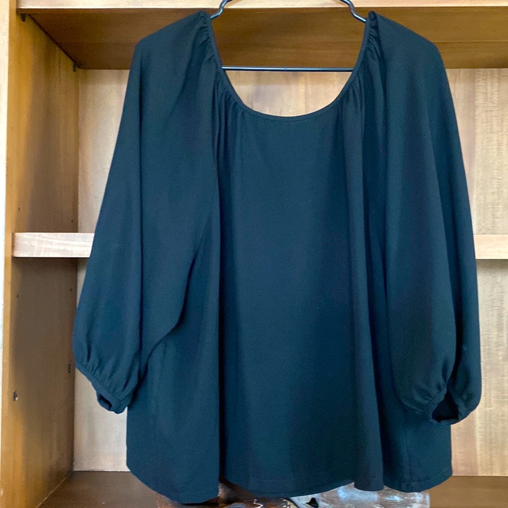 White H Black Market, Black Blouse, size Large, round neck, long puffy sleeves.